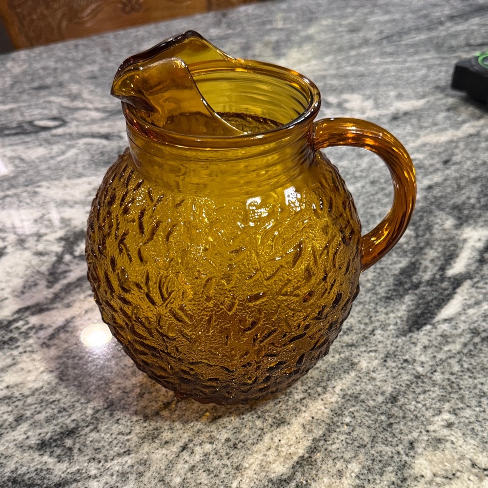 vintage Anchor Hocking Lido Milano Honey Gold Crinkle Glass Ball Pitcher